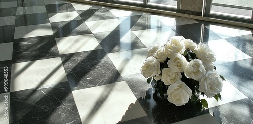 White roses surround a white marble platform in this funeral concept. photo