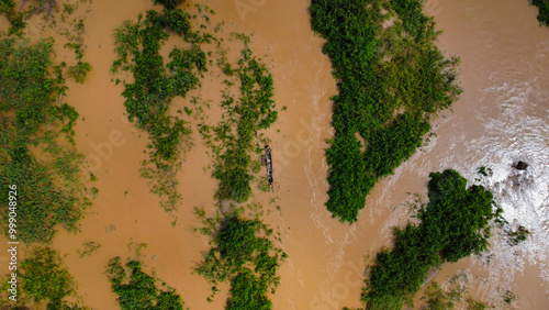 Wallpaper Mural Fishermen on the muddy Mekong river, which flooded it´s islands in Cambodia, seen from above Torontodigital.ca