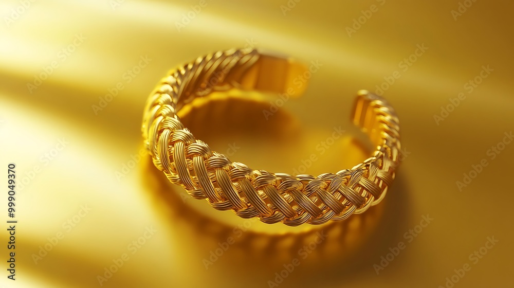 A gold bracelet with intricate woven design lies on a gold background. A gold bracelet with intricate woven design lies on a gold background.