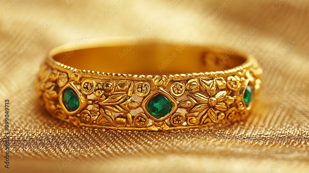 A gold bangle with green stones and intricate design. A gold bangle with green stones and intricate design.