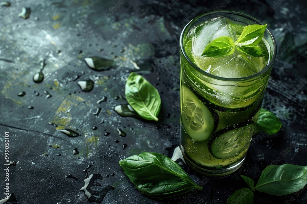 cold drink with basil, cucumber and lime. Mojito, lemonade with basil. Infused cucumber drink with mint. Detox water. Dark background. cold drink with basil, cucumber and lime. Mojito, lemonade with basil. Infused cucumber drink with mint. Detox water. Dark background.