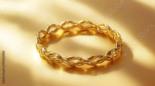 A thick gold ring with a braided design sits on a golden background.