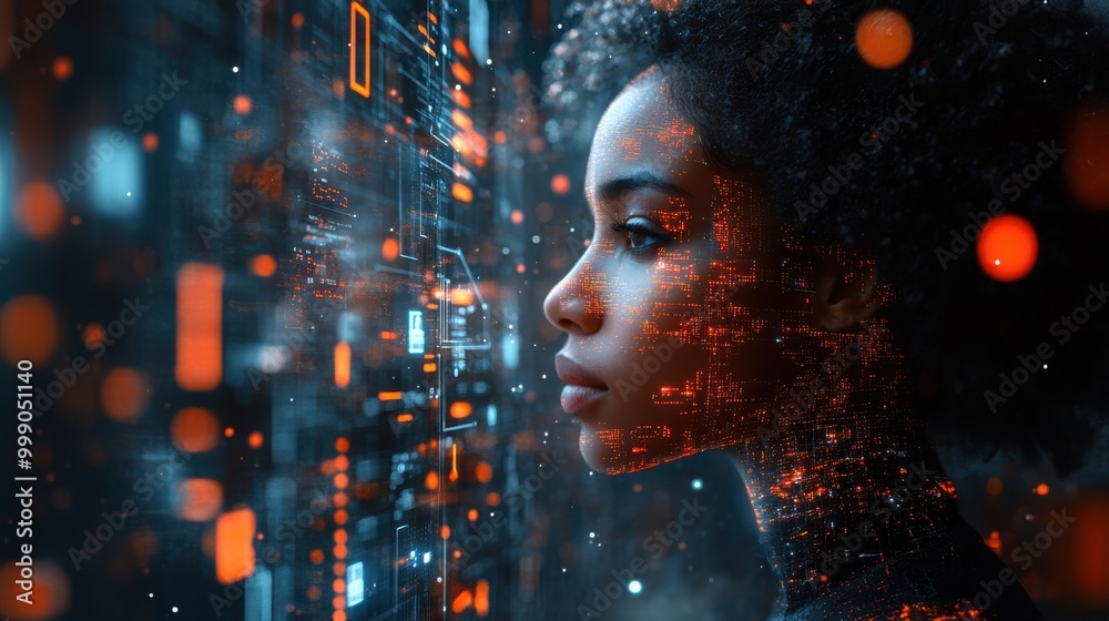 Side profile of woman gazing at glowing digital screen, with cyber patterns projected on face. Futuristic AI technology, cyber intelligence, and innovation in a data-driven world. Side profile of woman gazing at glowing digital screen, with cyber patterns projected on face. Futuristic AI technology, cyber intelligence, and innovation in a data-driven world.