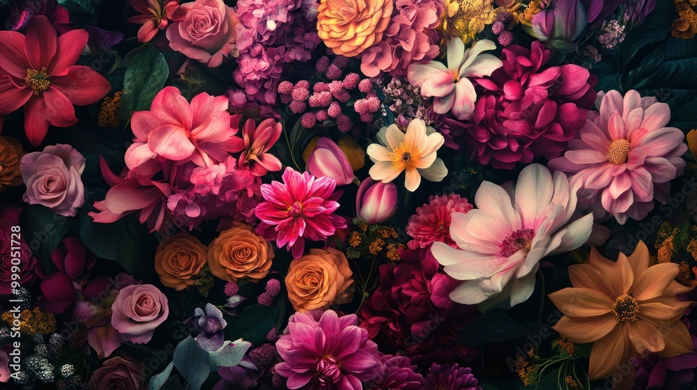A Lush Bouquet of Vibrant Flowers in a Dark Background A Lush Bouquet of Vibrant Flowers in a Dark Background