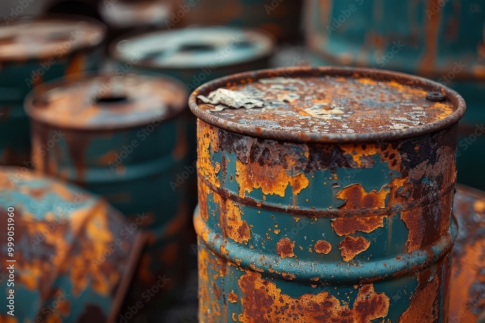 Close-up of a rusted, weathered oil barrel with peeling blue and orange paint. Close-up of a rusted, weathered oil barrel with peeling blue and orange paint.