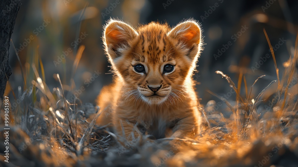 Adorable lion cub staring ahead with curiosity, sitting in dry grass. Wildlife portrait of a young predator exploring the world in warm, golden sunlight Adorable lion cub staring ahead with curiosity, sitting in dry grass. Wildlife portrait of a young predator exploring the world in warm, golden sunlight