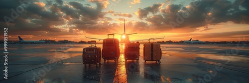 Travel Impression: Bags staged with a backdrop of a departing aircraft photo