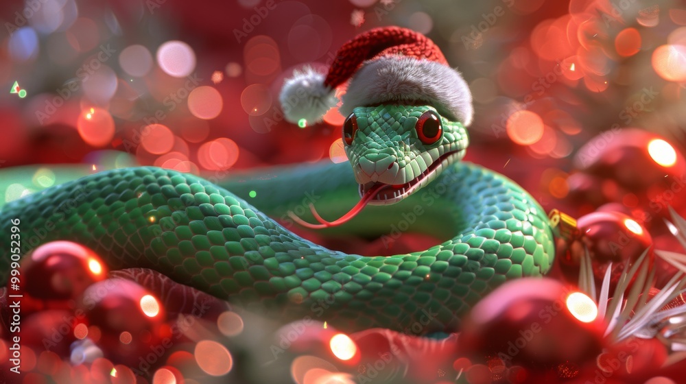 Fototapeta premium green wooden snake designed semirealistic style resting sparkling Christmas ornaments holiday decorations snake wears Santa ornaments reflect lights creating warm festive atmosphere