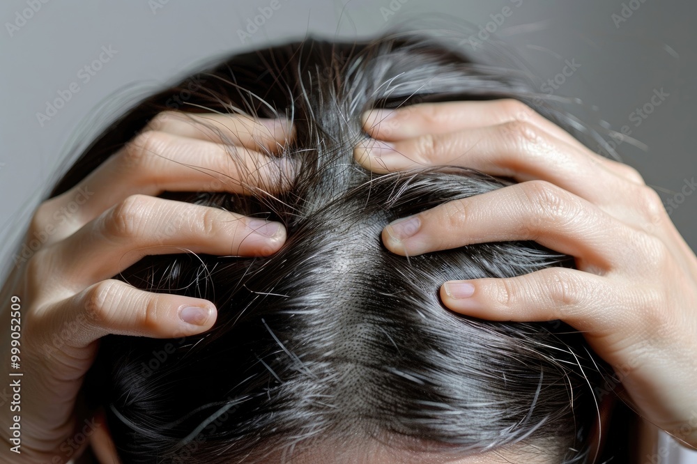 Naklejka premium Hair loss concept. Close up of hands holding and running fingers through hair, highlighting signs like thinning or sparse bald spots on top of the head in patterned hair loss on white background.