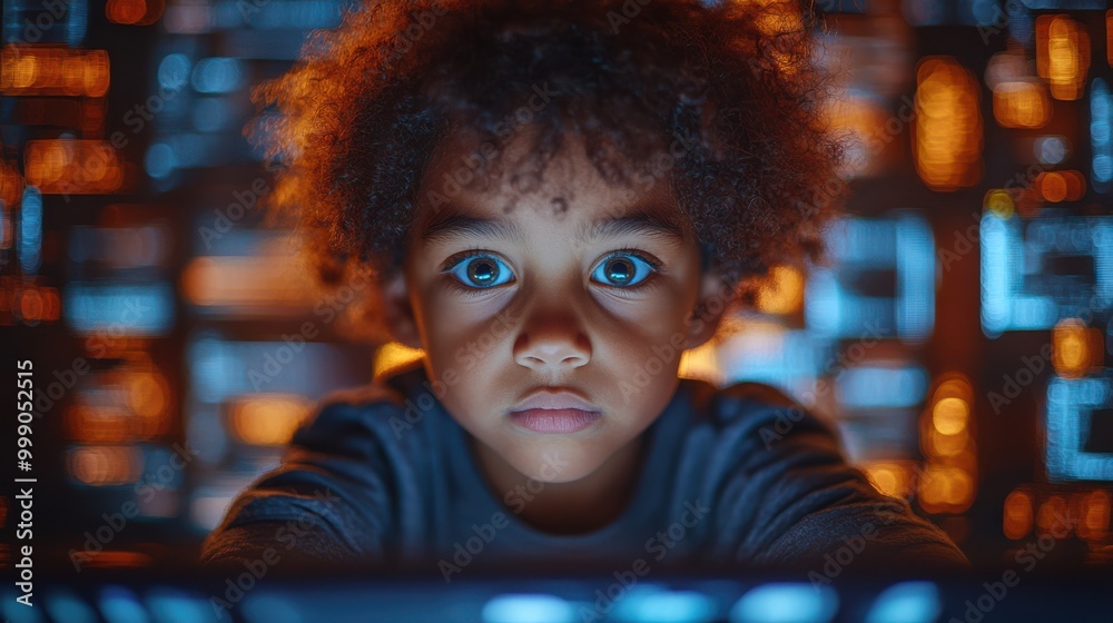 Close-up of a child staring at a glowing digital screen surrounded by vibrant lights, symbolizing screen time, technology influence on youth, and the digital age. Concept of childhood and technology Close-up of a child staring at a glowing digital screen surrounded by vibrant lights, symbolizing screen time, technology influence on youth, and the digital age. Concept of childhood and technology