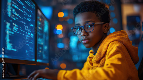 Young boy in a digital environment focused on computer coding with blue lights. Represents tech education, artificial intelligence, programming skills, digital learning, modern technology, and future