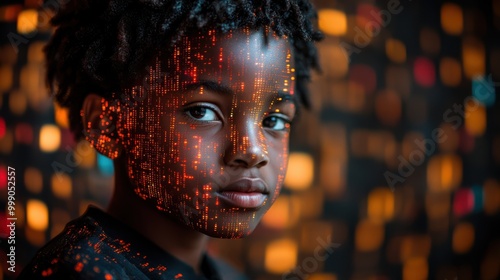 Close-up of a boy with digital data projection on his face in a futuristic environment. Represents technology, coding, artificial intelligence, data science, innovation, future generations photo