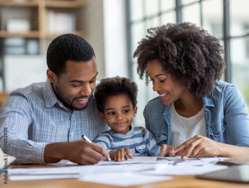Financial security planning session with a family reviewing insurance and savings options, organized setting, sharp focus Financial security planning session with a family reviewing insurance and savings options, organized setting, sharp focus