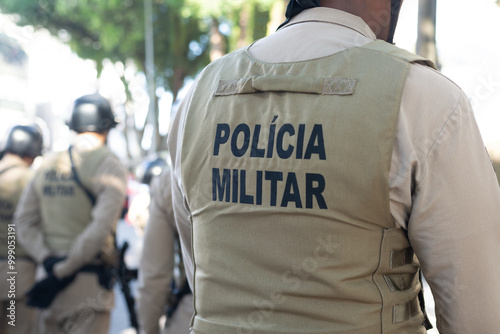 Billede på lærred Military police officers are seen standing in formation during the celebration of Brazilian Independence Day in the city of Salvador, Bahia