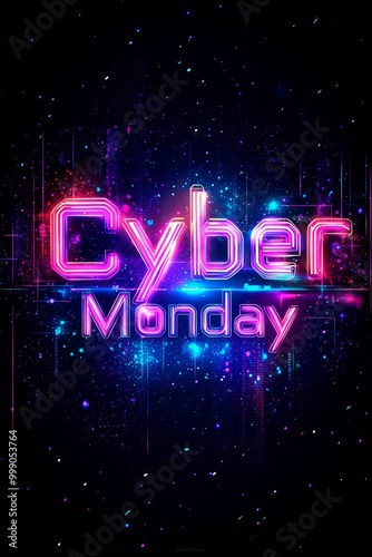 Vibrant Cyber Monday digital promo with neon colors and cosmic background, Neon Cyber Monday Banner, Text and Title of Cyber Monday, Cyber Monday promotional advertising