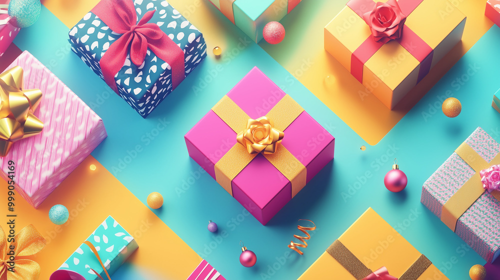 Colorful gift boxes with ribbons on a vibrant background, festive holiday scene. Colorful gift boxes with ribbons on a vibrant background, festive holiday scene.