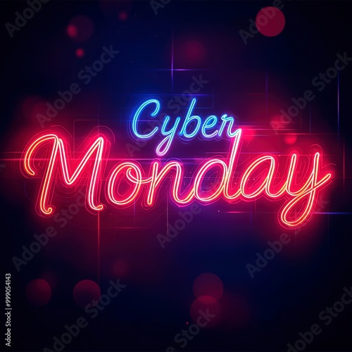 Bright neon sign announcing Cyber Monday sales in vibrant colors, Neon Cyber Monday Banner, Text and Title of Cyber Monday, Cyber Monday promotional advertising