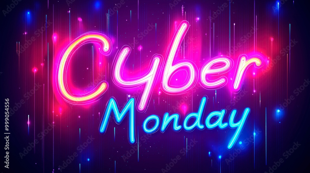 Colorful neon sign announcing Cyber Monday in a festive setting, Neon Cyber Monday Banner, Text and Title of Cyber Monday, Cyber Monday promotional advertising Colorful neon sign announcing Cyber Monday in a festive setting, Neon Cyber Monday Banner, Text and Title of Cyber Monday, Cyber Monday promotional advertising