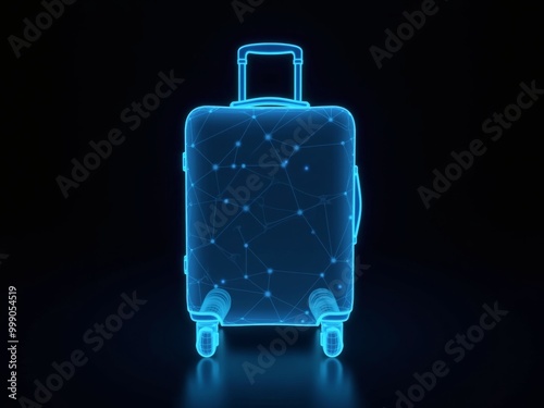 Polygonal blue hologram of suitcase on dark background.
