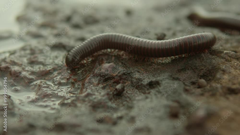 Close-up of an earthworm crawling across wet, muddy soil, navigating the uneven surface Close-up of an earthworm crawling across wet, muddy soil, navigating the uneven surface