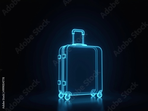 Polygonal blue hologram of suitcase on dark background.