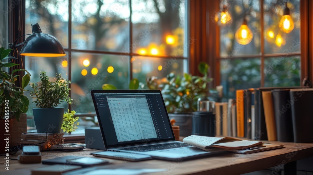 Remote working tools including a laptop, planner, and video call setup, organized workspace, sharp focus, bright lighting Remote working tools including a laptop, planner, and video call setup, organized workspace, sharp focus, bright lighting