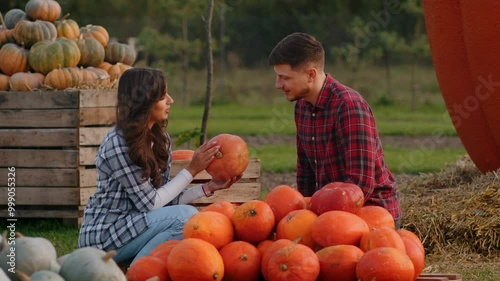 A young farm family collects pumpkins for Halloween on the eve of the Halloween holiday.