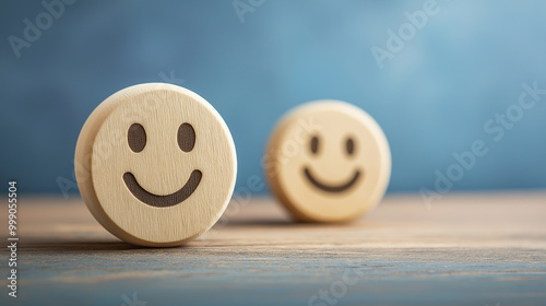 Wooden smiley face on rustic wooden table with blue background, symbolizing happiness, positivity, and joyful emotions in a minimalist natural concept design 