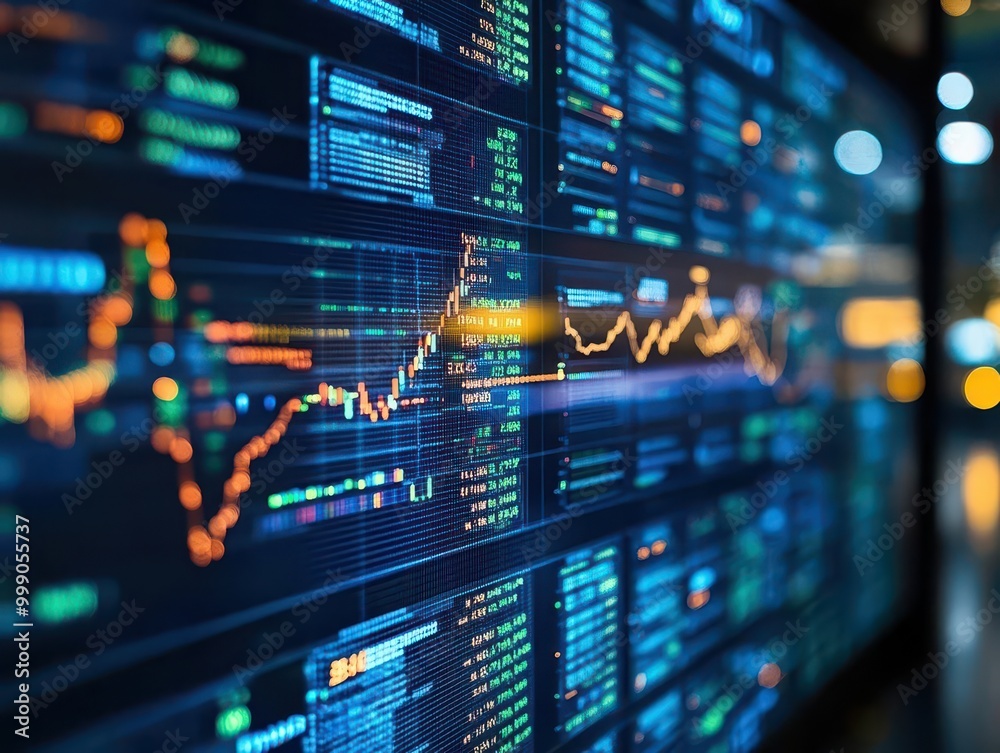 Stock market analysis with fluctuating graphs on screens, financial setting, sharp focus, high detail, bright lighting Stock market analysis with fluctuating graphs on screens, financial setting, sharp focus, high detail, bright lighting