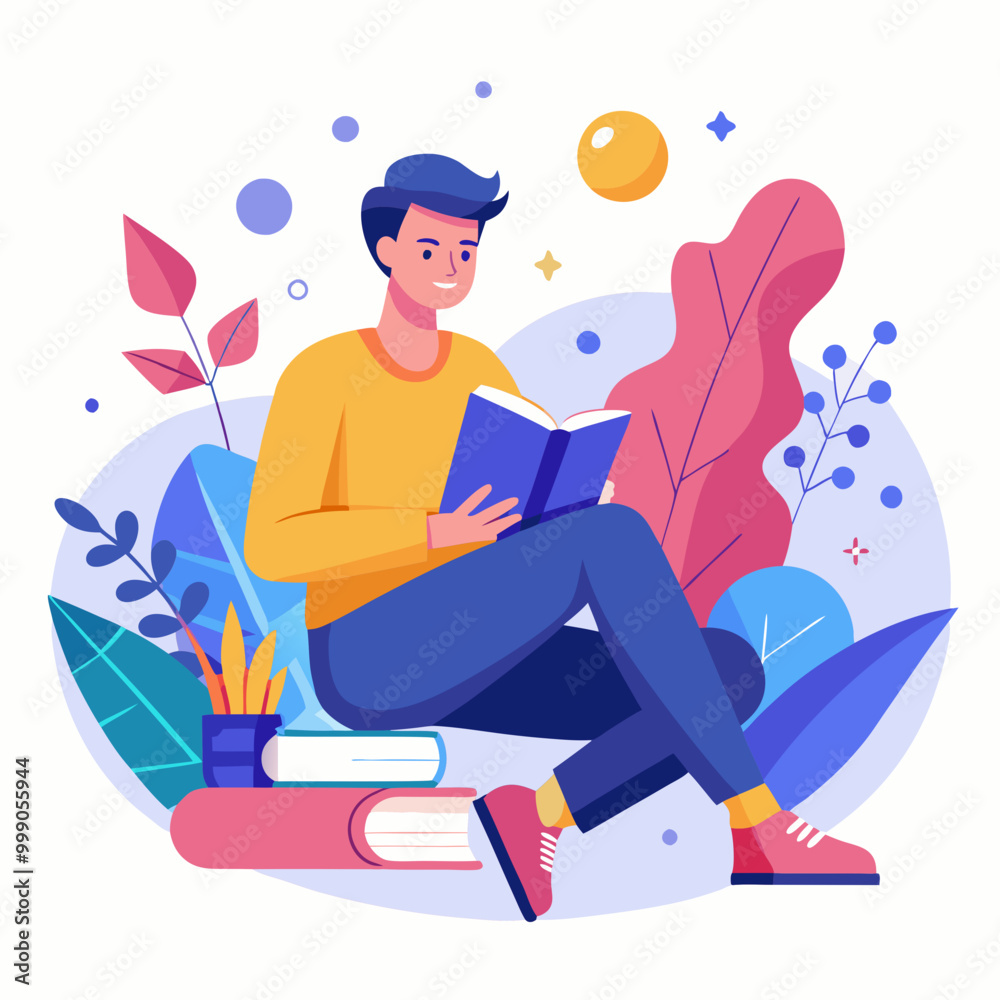 Man Reading Book, Isolated on White Background, Modern Learning Man Reading Book, Isolated on White Background, Modern Learning
