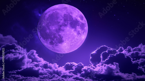 Majestic full moon glowing purple against starry night sky and clouds, symbolizing fantasy, mystery, and celestial night scenes in a surreal concept design 