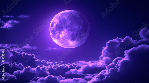 Majestic full moon glowing purple against starry night sky and clouds, symbolizing fantasy, mystery, and celestial night scenes in a surreal concept design 