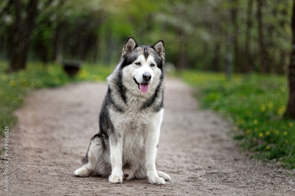 Adult Alaskan Dog Outdoor In The Park. Dog with tongue out, selective focus Adult Alaskan Dog Outdoor In The Park. Dog with tongue out, selective focus