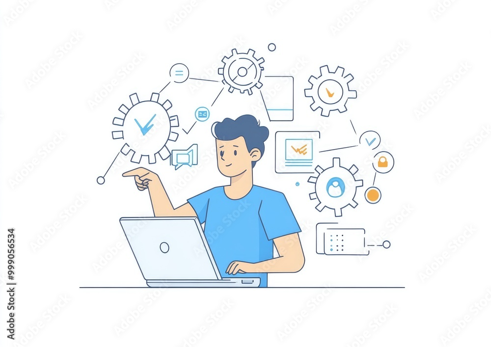 Man working on laptop with cogwheels representing processes. Man working on laptop with cogwheels representing processes.