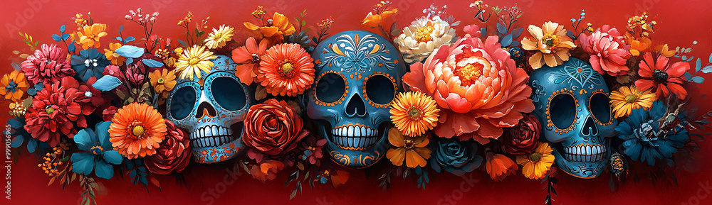 Naklejka premium Colorful sugar skulls and vibrant flowers against a red background evoke a festive Day of the Dead atmosphere. Celebratory and vibrant, ideal for conveying themes of remembrance and cultural...