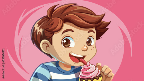 Close-up portrait of her  nice cute charming attractive glamorous cheerful sly cunning hungry boy in striped t-shirt biting tasting eating desirable favorite dessert isolated on pink