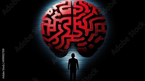 Inside a human mind, a person trapped in his own thoughts. Brain in the shape of a labyrinth. Decisions to be made. Choices to make. Mental problems, Intellectual difficulties. Ai generative photo