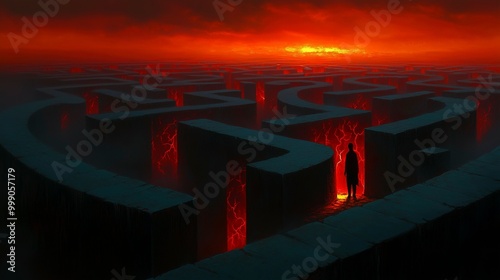 Inside a human mind, a person trapped in his own thoughts. Brain in the shape of a labyrinth. Decisions to be made. Choices to make. Mental problems, Intellectual difficulties. Ai generative photo