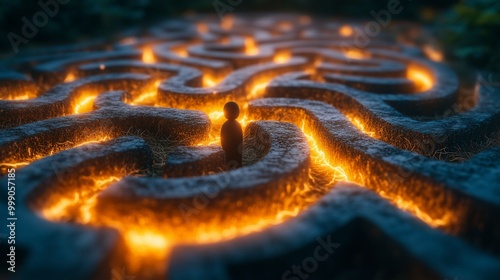Inside a human mind, a person trapped in his own thoughts. Brain in the shape of a labyrinth. Decisions to be made. Choices to make. Mental problems, Intellectual difficulties. Ai generative photo