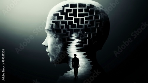 Inside a human mind, a person trapped in his own thoughts. Brain in the shape of a labyrinth. Decisions to be made. Choices to make. Mental problems, Intellectual difficulties. Ai generative photo