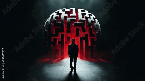 Inside a human mind, a person trapped in his own thoughts. Brain in the shape of a labyrinth. Decisions to be made. Choices to make. Mental problems, Intellectual difficulties. Ai generative photo