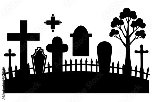 Cemetery tombstones with crosses, graveyards and headstones, vector fence and trees. Coffins and caskets with gravestones and RIP cross, tombstone memorial with crypts and funeral grave silhouettes