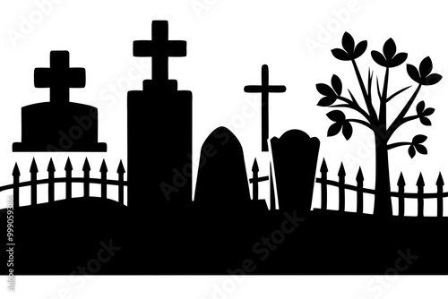 Cemetery tombstones with crosses, graveyards and headstones, vector fence and trees. Coffins and caskets with gravestones and RIP cross, tombstone memorial with crypts and funeral grave silhouettes