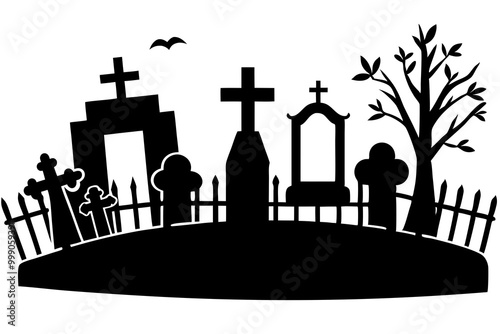 Cemetery tombstones with crosses, graveyards and headstones, vector fence and trees. Coffins and caskets with gravestones and RIP cross, tombstone memorial with crypts and funeral grave silhouettes