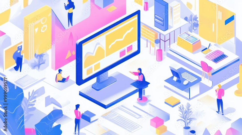 Isometric Illustration of People Working in a Modern Office Setting Isometric Illustration of People Working in a Modern Office Setting