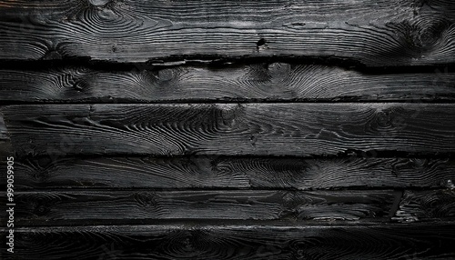 Burnt black wood texture. Charred charcoal. A wall made of damaged, scorched boards. Grunge template for design. old wood texture