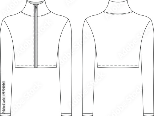 turtleneck high neck long sleeve zippered cropped crop blouse top sweater template technical drawing flat sketch cad mockup fashion woman design style model
