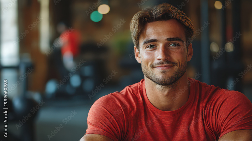 Confident young man smiling in a gym, wearing red shirt. Symbolizes fitness, health, motivation, and strength for workout inspiration and a healthy lifestyle Confident young man smiling in a gym, wearing red shirt. Symbolizes fitness, health, motivation, and strength for workout inspiration and a healthy lifestyle