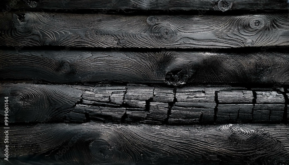 Burnt black wood texture. Charred charcoal. A wall made of damaged ...