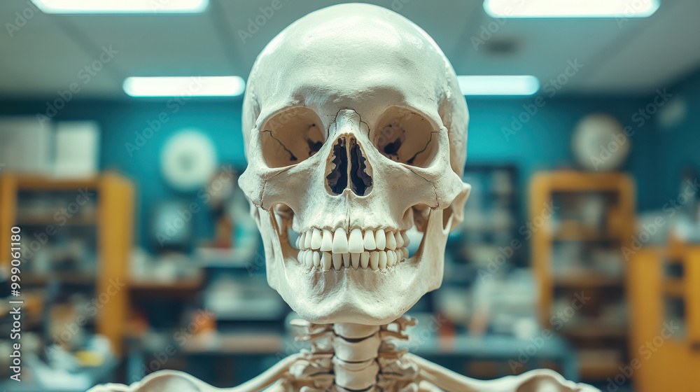 Close-up of an anatomical skeleton model in a classroom, used for medical education, healthcare training, and anatomy lessons. Perfect for biology studies, healthcare training Close-up of an anatomical skeleton model in a classroom, used for medical education, healthcare training, and anatomy lessons. Perfect for biology studies, healthcare training